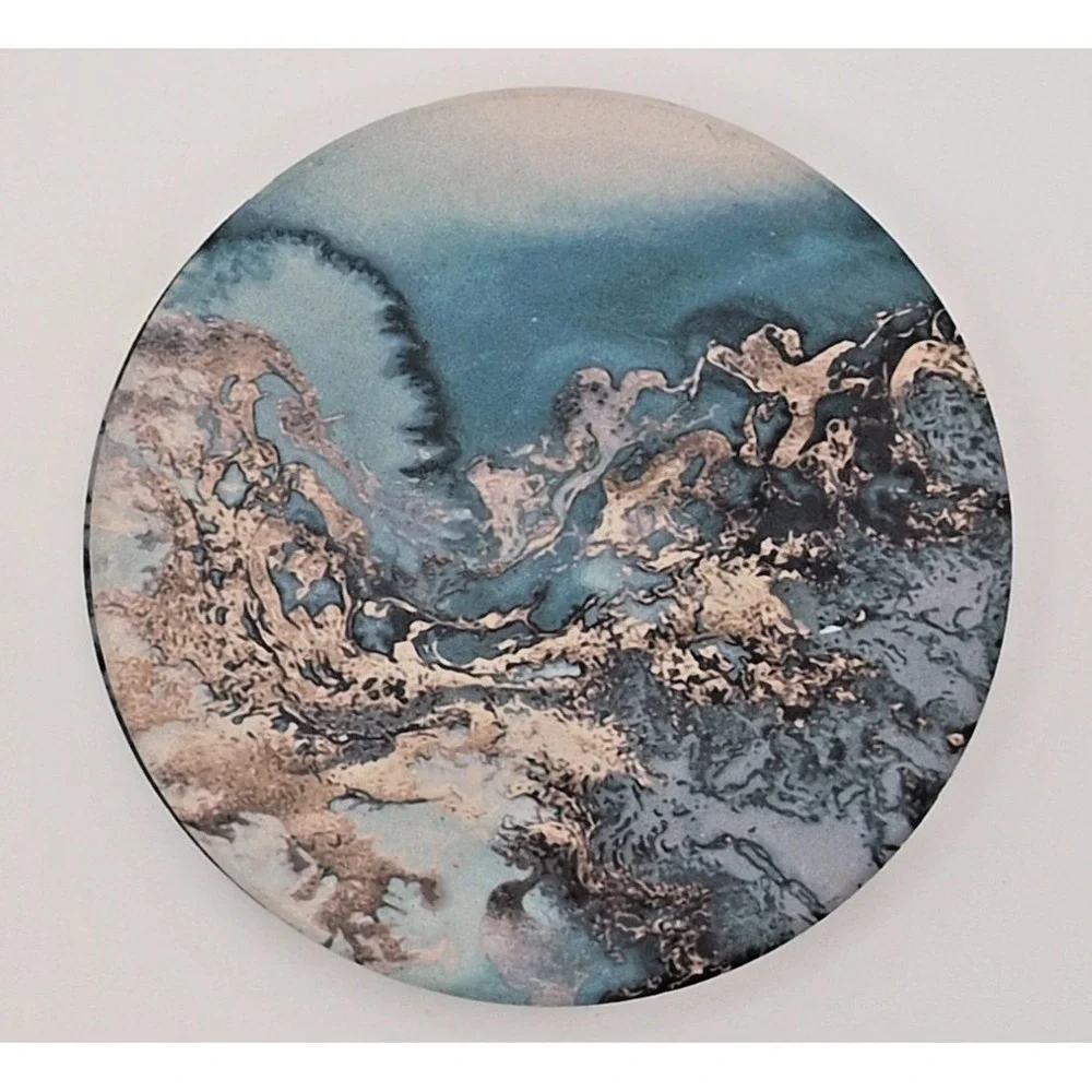 Set of 4 Abstract Coastal Marble Pattern Coasters Teal Blue Gold Cork Backing